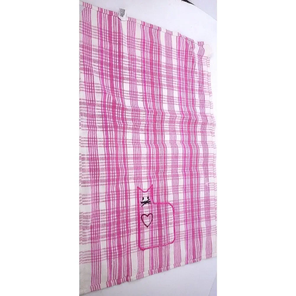 Vintage Pink Plaid Gingham Cat Reversible Tea Hand Towel Cottagecore Applique